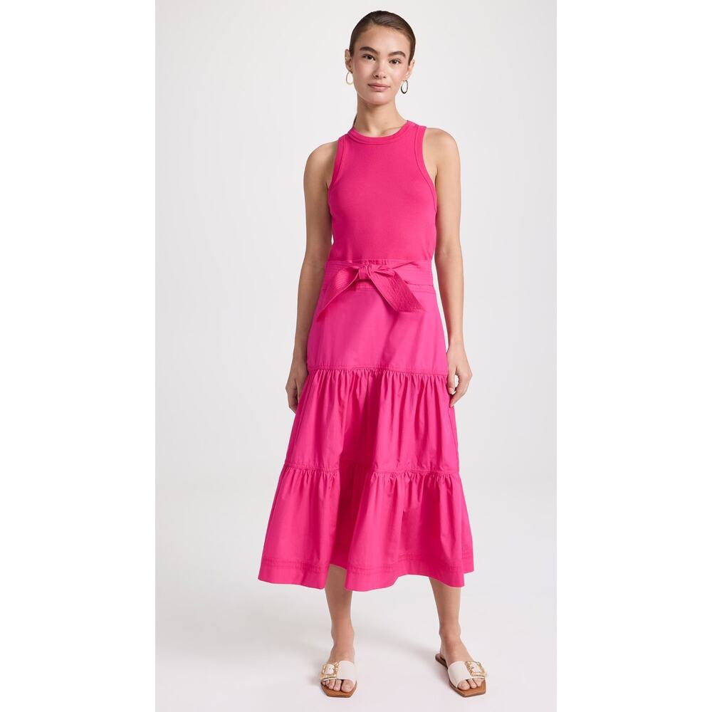 Veronica Beard Austyn Hot Pink Tiered Pima Cotton Midi Designer Chic Dress XS